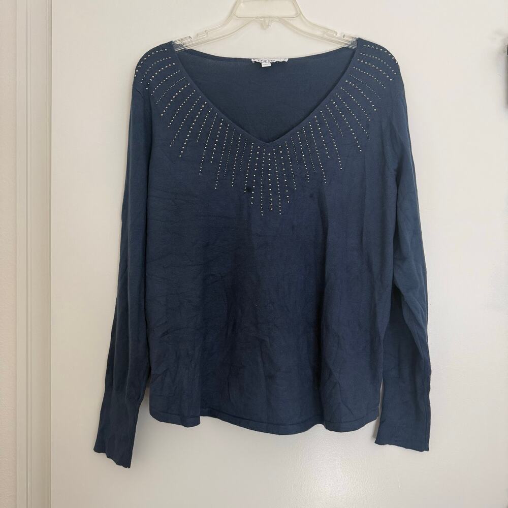 Chico’s Ella Embellished Navy Blue V-Neck Sweater Size 1 Medium 8-10